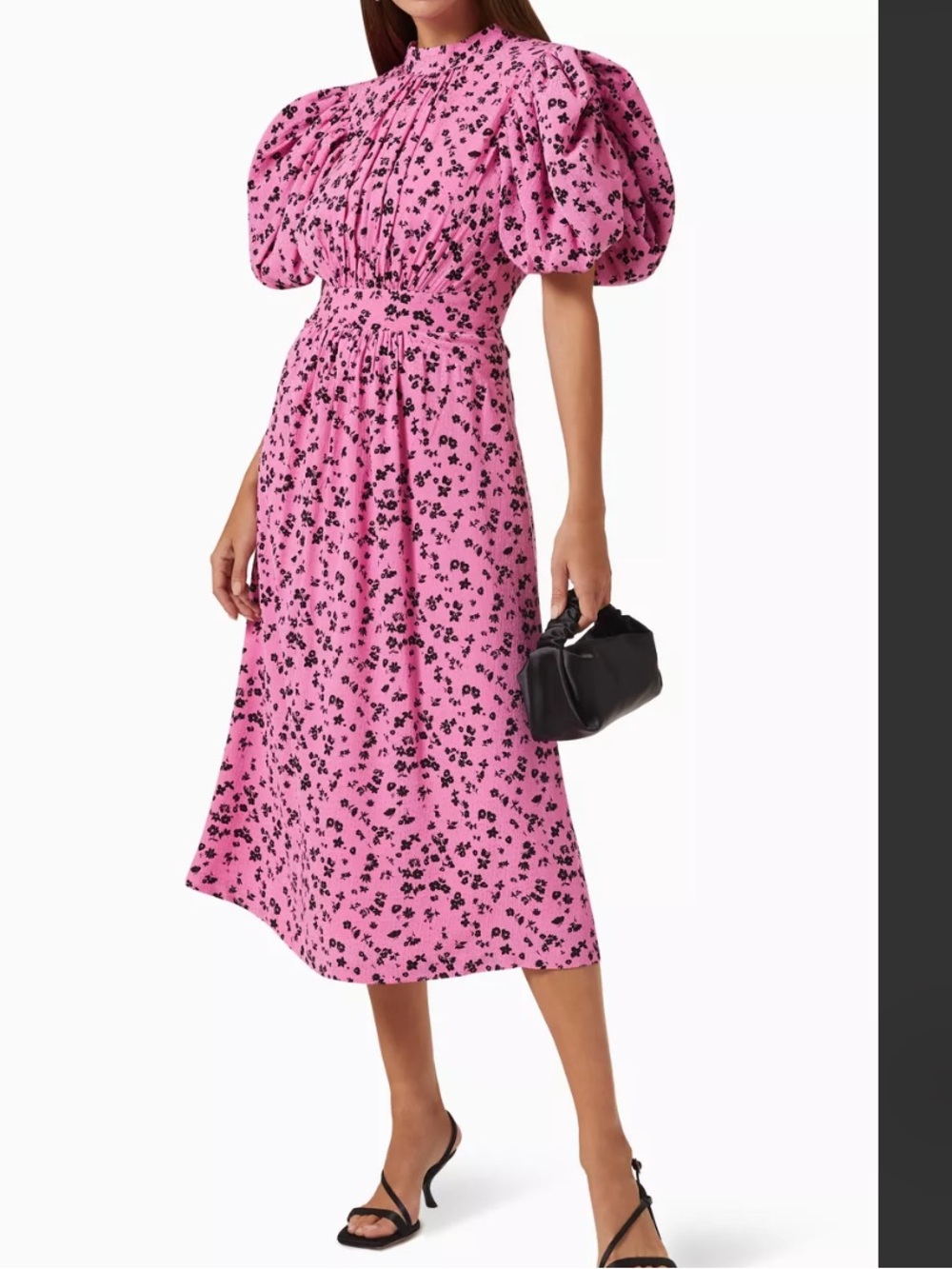 ROTATE Noon Midi Dress Pink Jacquard Dark Floral Puff-Sleeve Open Tie Back US 8